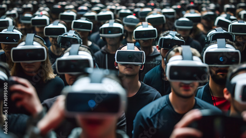 crowd of hypnotised people in vr glasses, generative ai