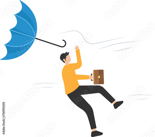 Business difficulties or obstacle in economic crisis, Mistake or accident causing problem or failure, Depressed and anxiety, Holding broken umbrella in wind storms
