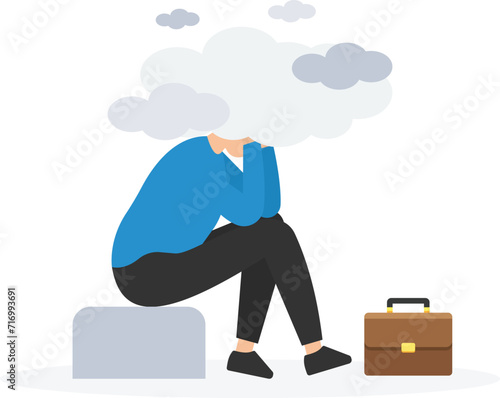 Brain fog causing mental problem or struggle, Work anxiety or stress, Confusion or depression, Sitting with brain fog, Smoke or cloud covered her head
