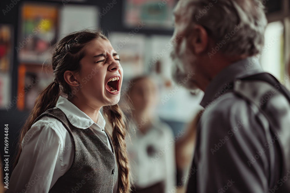 Female school student crying at male teacher in classroom with copy space Female school student crying at male teacher in classroom with copy space