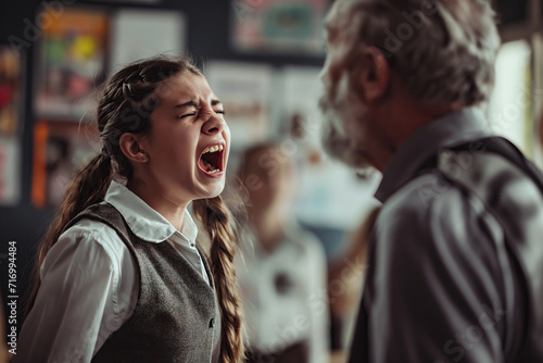 Female school student crying at male teacher in classroom with copy space photo