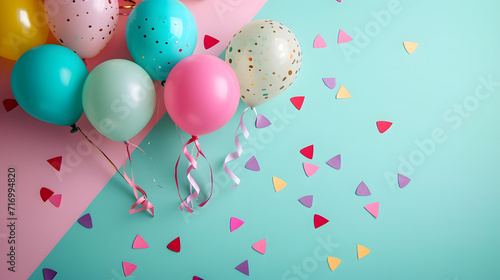 Colorful Balloons and Confetti on Blue and Pink Background