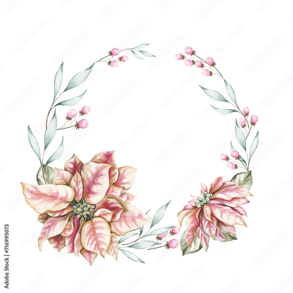 Watercolor flower wreath with poinsettia