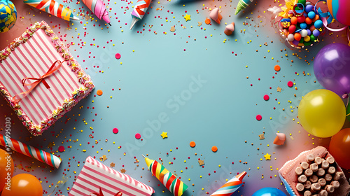 Birthday Cake Surrounded by Balloons and Confetti