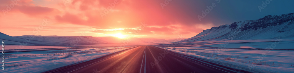 Vibrant extra wide panoramic sky. Winter highway. Snow covered street leading to the horizon. Warm fiery sunset or sunrise sky tones. Gradient shades of orange, yellow, red, pink, blue and purple. 