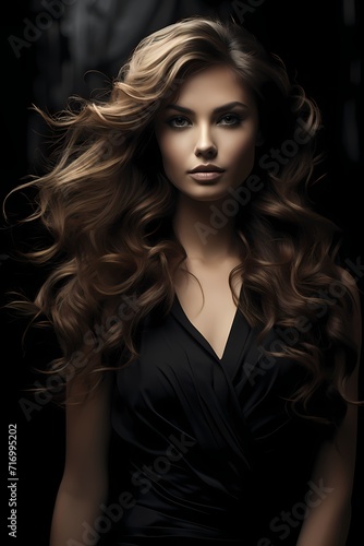 A mesmerizing image of a model with flowing hair standing against a sleek black backdrop, the contrast creating a sense of elegance