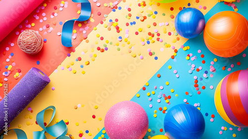Colorful Balloons and Confetti Spread Out on Table, Ready for Celebration
