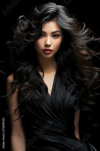 A mesmerizing image of a model with flowing hair standing against a sleek black backdrop  the contrast creating a sense of elegance