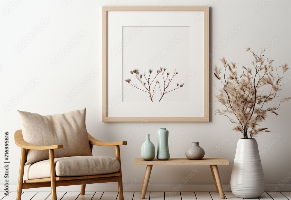 Fototapeta premium white photo frame on the wall with sofa chair and table