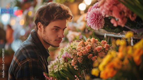 A man of 20-30 years old chooses a bouquet of flowers. A man buys flowers. © Ольга Никифорова