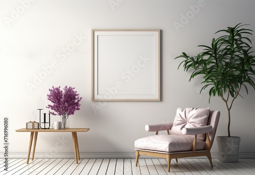 white photo frame on the wall with sofa chair and table © Aistock