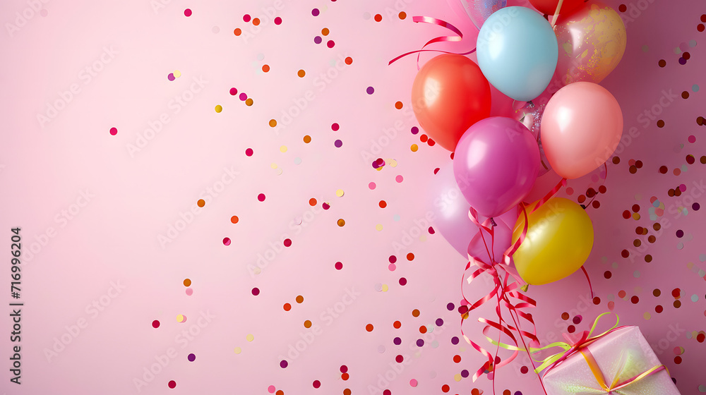 Colorful Balloons and Gift on Pink Background