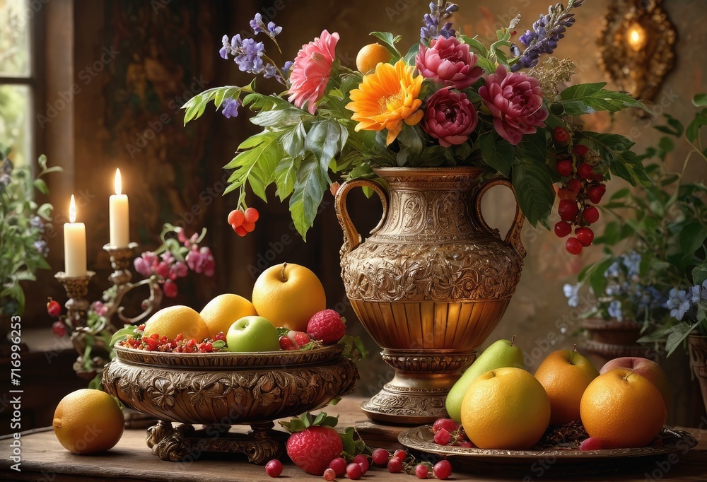 Still life with apples, oranges and flowers, in an antique vase, surrounded by wax candles