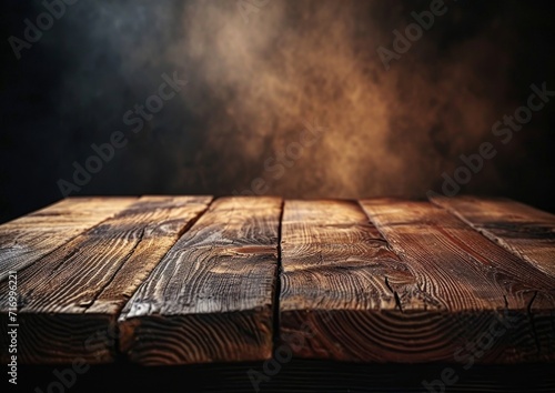 The rustic wooden table stands alone, enveloped in a misty fog as the dark planks bear witness to the outdoor elements