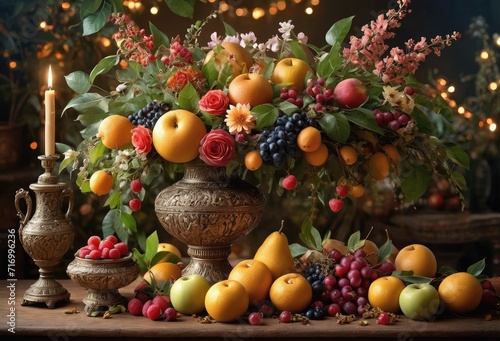 Still life with apples  oranges and flowers  in an antique vase  surrounded by wax candles