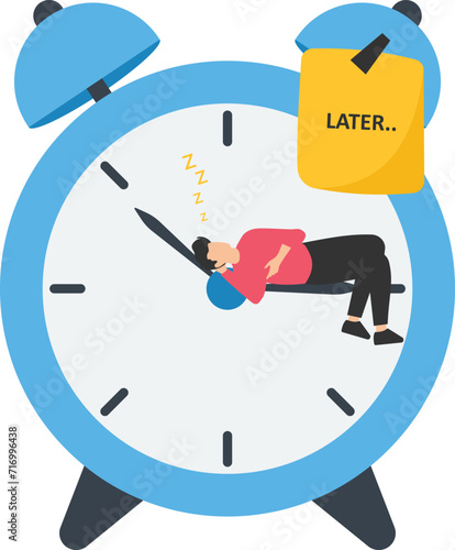 Procrastination, doing it later, Postpone to work tomorrow, Unproductive and excuse, Sleeping with no clue, Wake up with big sticky notes, Written the word later on alarm clock
