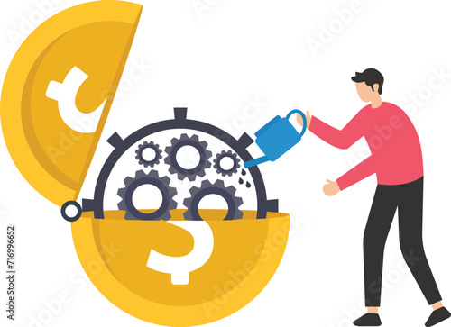 Financial or money liquidity to help economic stimulus, Central bank monetary policy, Help lubricate the economy, Put lubricant oil on machine gear, Opening money dollar coins
