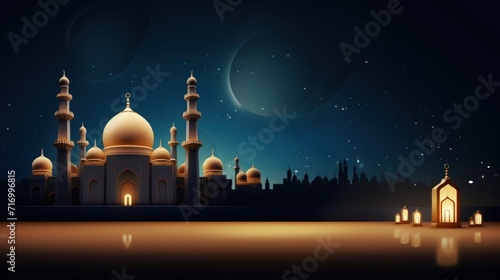 Ramadan kareem with mosque and moon in the night. Generate AI image © Ghiska
