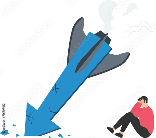 Fail start up business, New risk or unexpected entrepreneur bankruptcy, Company owner sitting on crash, Launching space rocket metaphor
