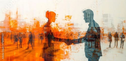 A striking fusion of artistic mediums, the dynamic handshake between a man and woman reflects a harmonious blend of abstract lines and vivid hues, encapsulating the essence of human connection throug photo