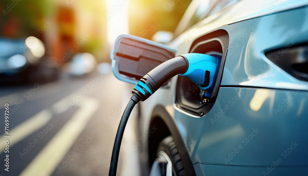 Charging an electric car at a charging station. Close-up. Charging an electric car at a charging station. Close-up.