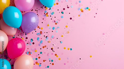 Group of Balloons With Confetti on Pink Background