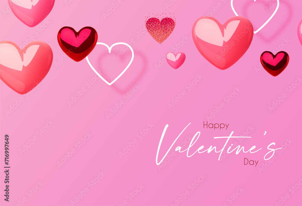 Happy Valentine's day design template with 3D glossy hearts flying in clous. Happy Valentine's day design template with 3D glossy hearts flying in clous.
