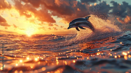 Dolphin Leaping at Sunset with Water Splashes