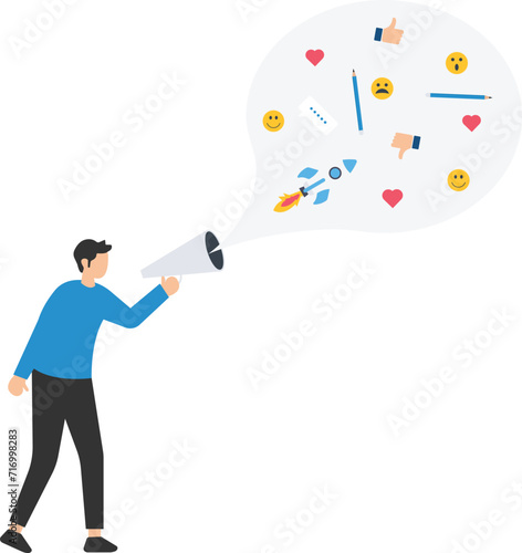 Storytelling, The art of communication or telling and share ideas, inspiration, promoting marketing campaigns in advertising, Marketer using megaphone to tell their story
