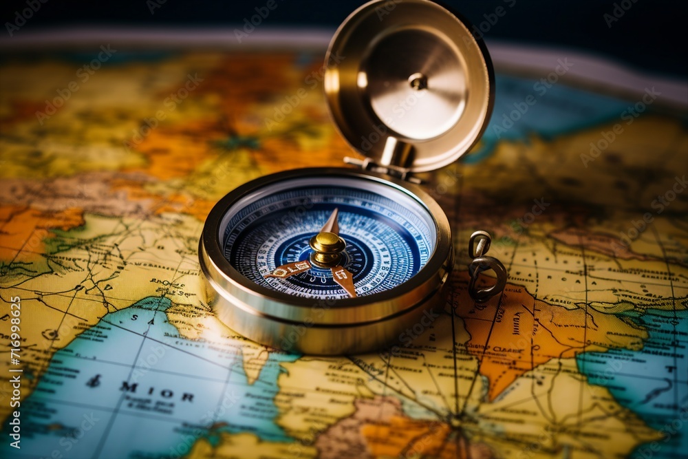 Magnetic compass and location marking with a pin on routes on world map. Adventure, discovery, navigation, communication, logistics, geography, transport and travel theme concept Magnetic compass and location marking with a pin on routes on world map. Adventure, discovery, navigation, communication, logistics, geography, transport and travel theme concept