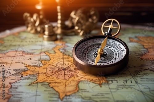 Magnetic compass and location marking with a pin on routes on world map. Adventure, discovery, navigation, communication, logistics, geography, transport and travel theme concept