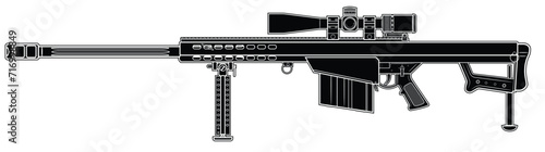 Vector illustration of the Barret M82 semi-automatic anti-materiel rifle with scope on the white background. Black. Left side.