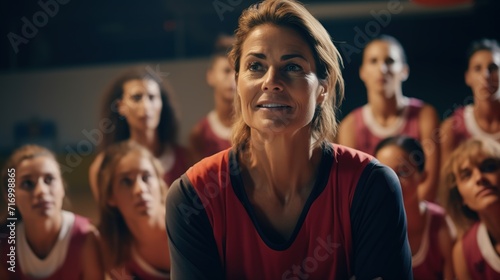 A stern coach talking at her women's basketball team gathered around her during basketball practice, cinematic. Coach cheering on the women's team, sports, basketball, volleyball, training, sporty.