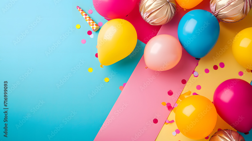 Colorful Balloons and Confetti on Blue and Pink Background Colorful Balloons and Confetti on Blue and Pink Background