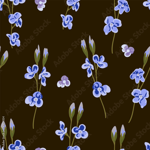 Vector seamless floral pattern on a dark brown background of panicles of small blue-lilac flowers, background for design of fabric, wallpaper, paper