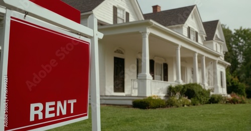 rental sign on the background of the house. House for rent or sale. Country estate. Concept for renting apartments, a two-story cottage.