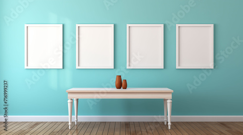 Minimalist interior design with three blank picture frames on a wall above a wooden table with vases