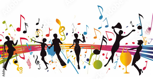 Colourful Dance and Music Celebration. Joyful silhouettes dancing with colourful music notes flying.
