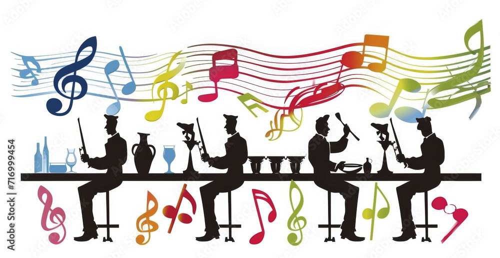 Jazz Band Silhouette with Colourful Music Notes.
A vibrant silhouette of a jazz band playing against a backdrop of flowing musical notes Jazz Band Silhouette with Colourful Music Notes.
A vibrant silhouette of a jazz band playing against a backdrop of flowing musical notes
