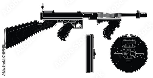 Vector illustration of the Thompson M1921 submachine gun with round magazine and front wooden foregrip on the white background. Black. Right side.