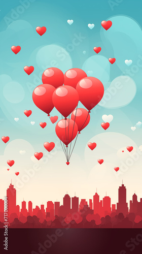 Red balloons and hearts in blue sky over city, minimalistic illustration. Valentine's Day card