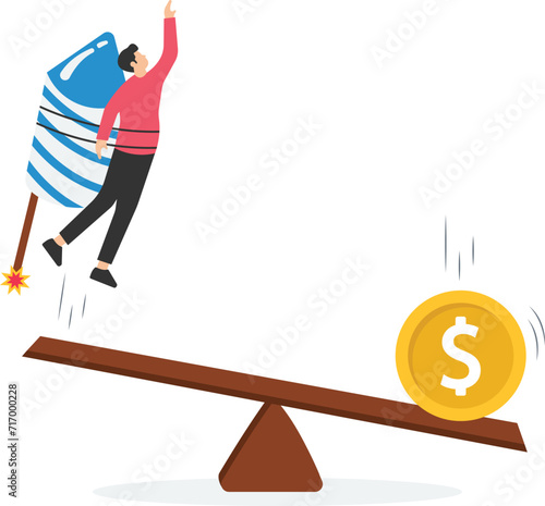 Economic stimulus money, Central bank inject money to boost business, Recover from Coronavirus COVID-19 crisis, Big money dollar coin fall on seesaw, Boost other side with rocket

