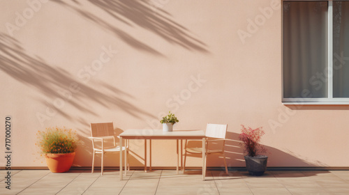 Sunlit Home Terrace with Peach Fuzz color Walls, minimalist background © Top AI images