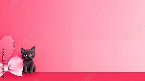 Black Cat with Heart Ribbon on Pink