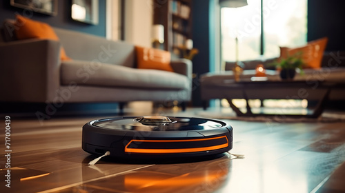 Wireless futuristic vacuum hoover cleaning machine robot in a living room photo