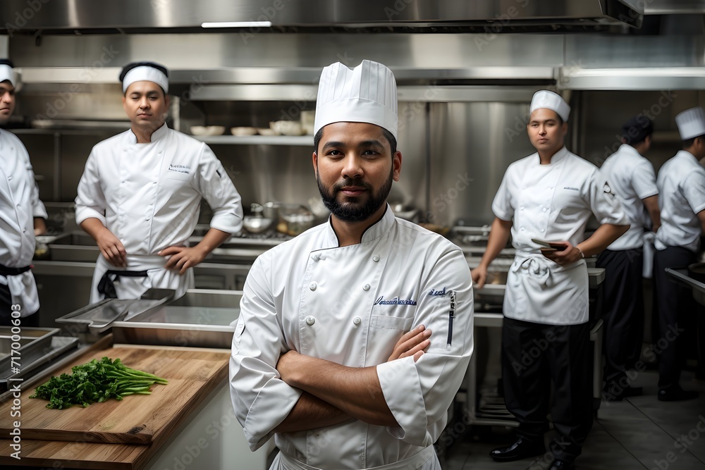 Portrait of chef standing with his team on background in commercial kitchen at restaurant

