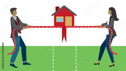 Man and woman in tug-of-war competition of a house. Dragging rope with flag and house. Dimension 16:9. Vector illustration.