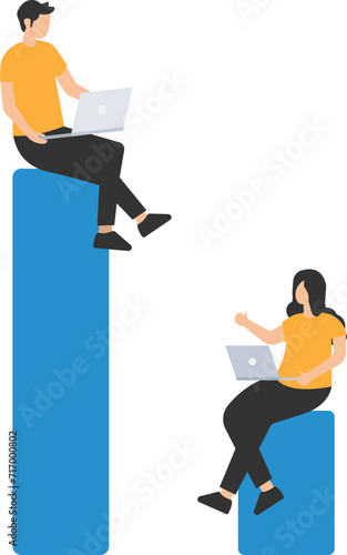 Gender gap and inequality in work, Pay gap or advantage, Man over woman in career path, Sitting on high office chair, Sit on normal chair discussing work
