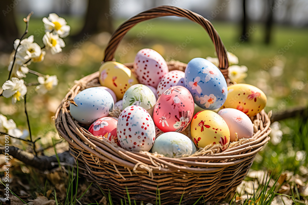 Easter eggs painted in light pastel colors in a wicker basket on a sunny meadow with flowers