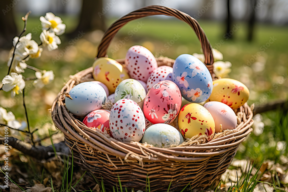 Easter eggs painted in light pastel colors in a wicker basket on a sunny meadow with flowers Easter eggs painted in light pastel colors in a wicker basket on a sunny meadow with flowers